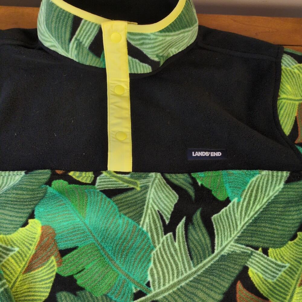 Lands’ End Men’s Fleece 1/4 Snap Pullover XL Black Green Tropical Leaf Jacket